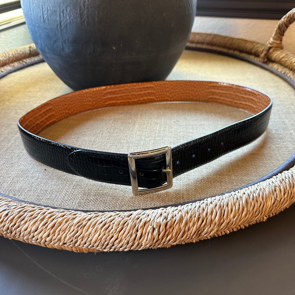 Reversible tan & black leather belt with silver buckle